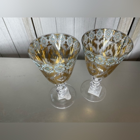 Zrike Patina Vie Mint Goblets Glasses Gold Ikat Mint Print Glasses Set Of 2 - Picture 2 of 5